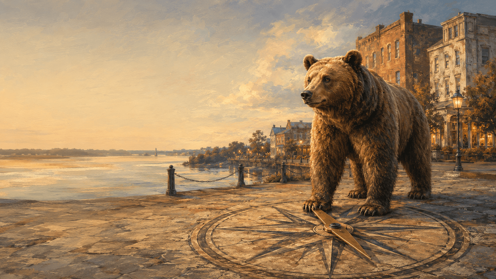 A bear stands on a compass-rose medallion along the New Bern riverfront at sunrise