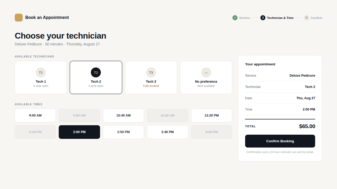Shop Suite booking screen showing technician selection, per-technician availability, and a confirmed appointment summary