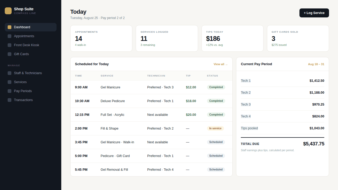 Shop Suite owner dashboard showing today's schedule with tips, preferred versus next-available technician, and a pay period earnings summary